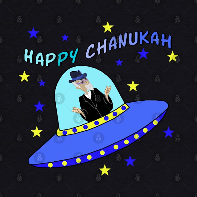 Happy Chanukah Flying Rabbi in Spaceship by Lynndarakos